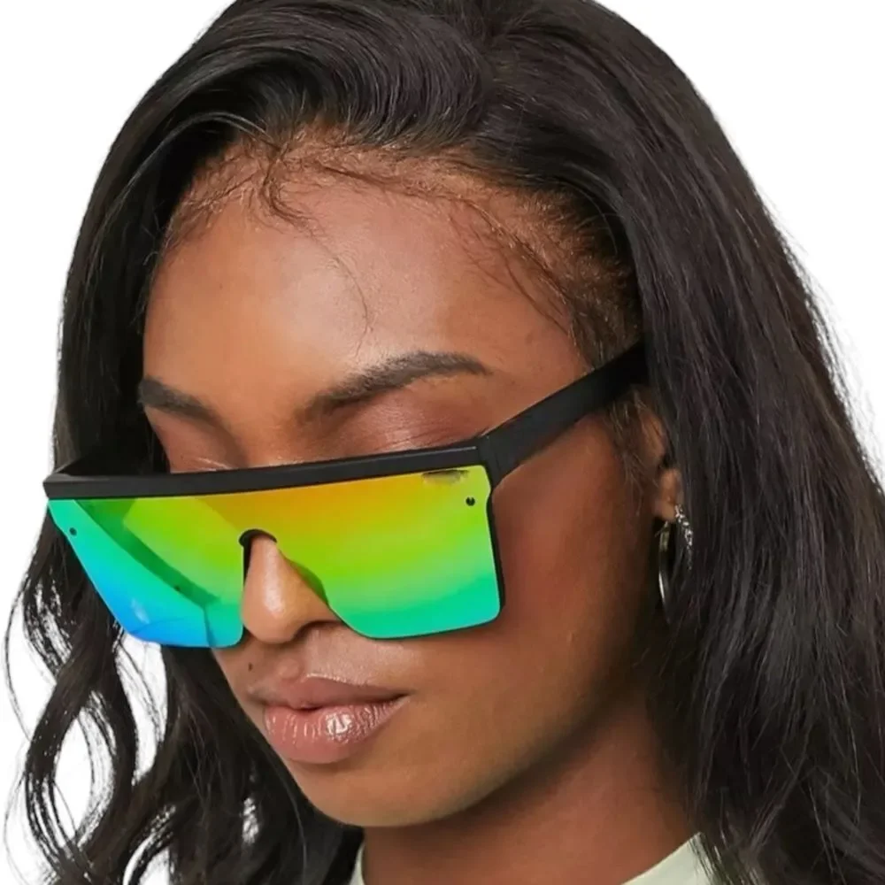 Square Rainbow Mirrored Lens Black Rimless Frame Sunglasses NEW